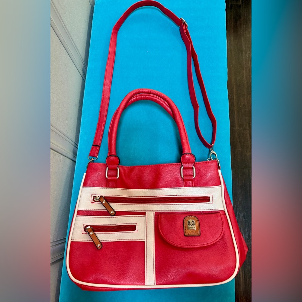 Firenzi Red and Cream Vintage Faux Leather Shoulder Bag with Dual Handles